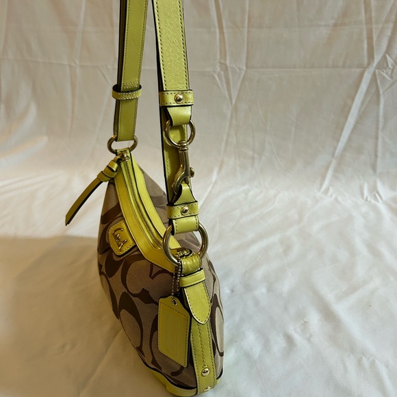 Coach Signature C Canvas and Chartreuse Leather Shoulder Bag - Picture 4 of 10